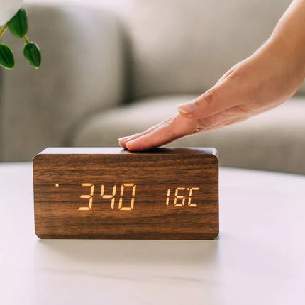 Wooden LED Digital Alarm Clock Temperature Bedside Table Time Display Room Decor