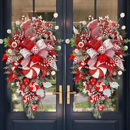 Christmas Candy Cane Bow Door Wreath Xmas Home Hanging Garland Flower Wreath