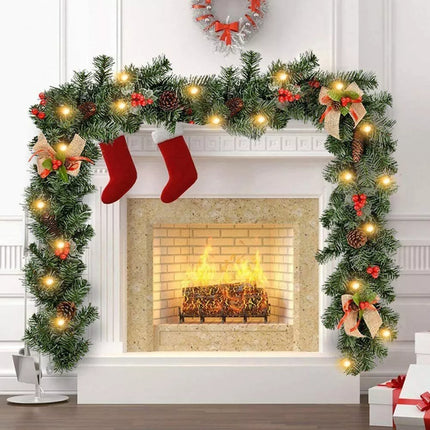 9FT Christmas Garland + LED Lights Pinecones Berry Bushy Wreath Stairs Fireplace