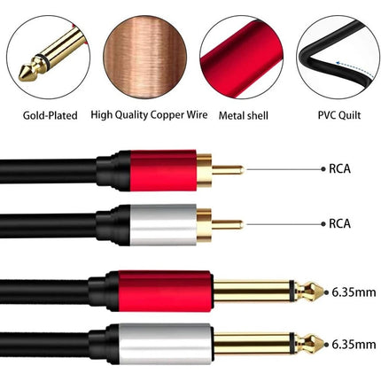 Dual 6.35mm 1/4 TS Mono Male to Dual 2 RCA Male Adapter Audio Cable