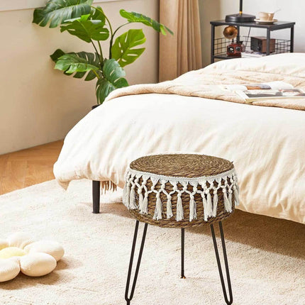 Brown Footstool Natural Seagrass Hand Weave Vanity Makeup Stool Pastoral Style Au