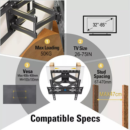 Full Motion TV Wall Mount Bracket Swivel LED LCD 32 40 43 50 55 60 65 70 75 Inch
