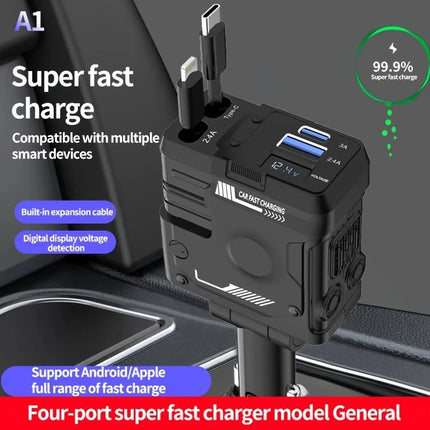 120w 4 IN 1 Retractable Car Fast Charger 2 Cable With USB Type C Port Adapter