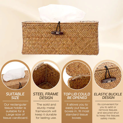 Handmade Rattan Woven Tissue Box Cover Wicker Napkin Paper Case Holder