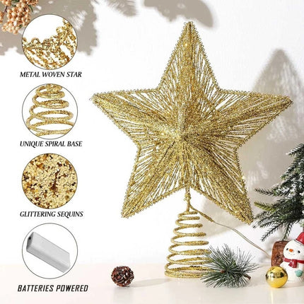 Gold Christmas Tree Topper Star Light Xmas Toppers Decorations Battery Operated