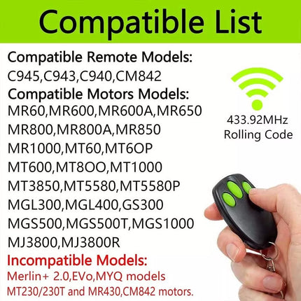 Merlin Garage Door Remote Control C945 CM842 C940 C943 Replacement Gate Code Au