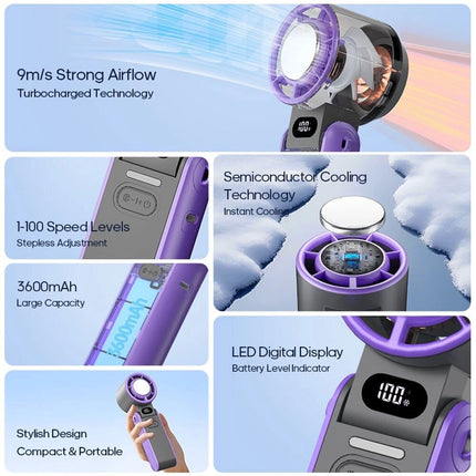 Purple Strong Wind Cooling Fan Portable Handheld Turbo Fan Speeds Neck Blower Mini
