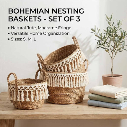 3Pcs Natural Seagrass Planter Pots with Legs Macrame Trim Boho Home Garden Decor