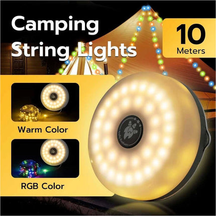 Extractable 10m Solar LED Camping String Lights Tent Garden Warm & Coloured