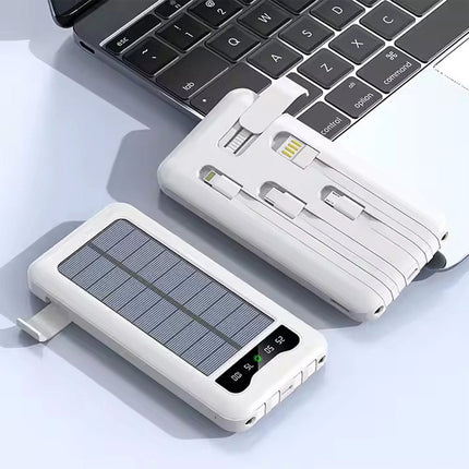White 10000mAh Solar Power Bank Portable Charger Built-in Cables LED Display Universal