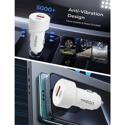 White USB-C Fast Car Charger with Charging Cable Adapter iPhone Samsung
