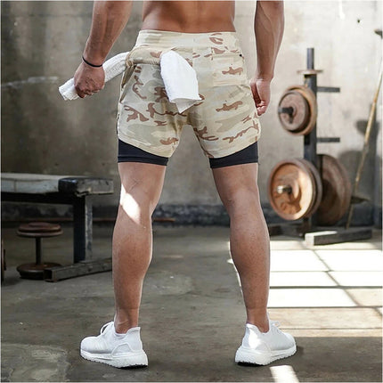Men Running Shorts 2 in 1 Sports Jogging GYM Fitness Training Quick Dry Breathab Khaki