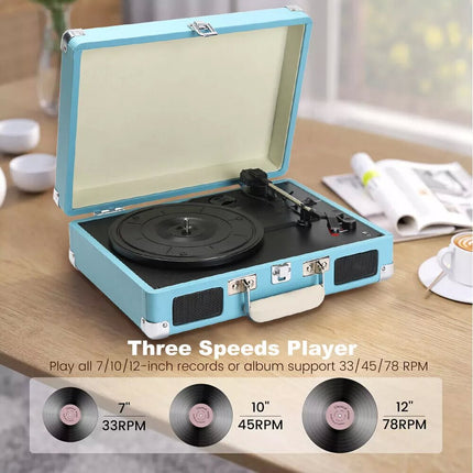 Retro Briefcase Vinyl Record Player Suitcase 3 Speed Turntable Stereo Best Gift