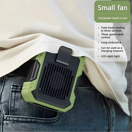 Green Portable Waist Clip USB Fan Hanging Cooling Power Bank Fans Travel Rechargeable