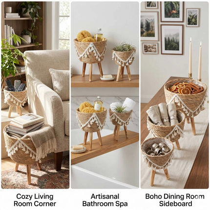 3Pcs Natural Seagrass Planter Pots with Legs Macrame Trim Boho Home Garden Decor