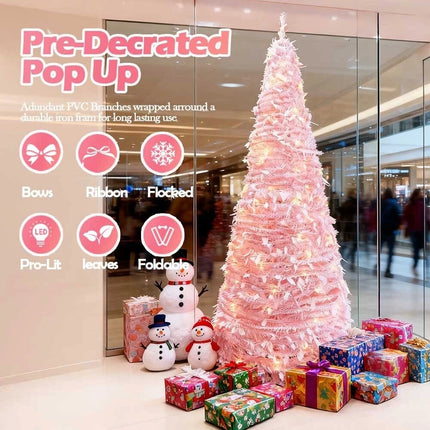 Pre-Decorated Pink Christmas Tree Foldable Holiday Decoration LED lights Xmas