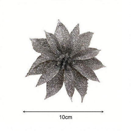 12x Silver Christmas Glitter Artificial Flower Clips Xmas Tree Hanging Ornaments