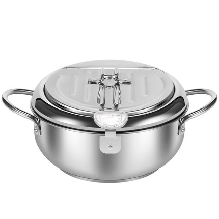 24CM Kitchen Stainless Steel Deep Fryer Frying Pot With Oil Drainer Thermometer & Lid