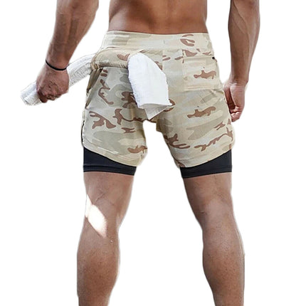 Men Running Shorts 2 in 1 Sports Jogging GYM Fitness Training Quick Dry Breathab Khaki