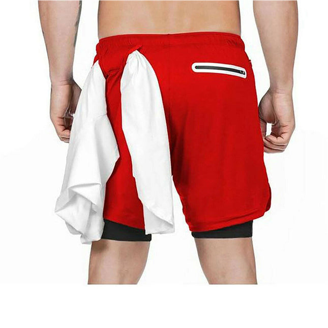 Men Running Shorts 2 in 1 Sports Jogging GYM Fitness Training Quick Dry Breathab Red