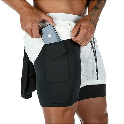 Men Running Shorts 2 in 1 Sports Jogging GYM Fitness Training Quick Dry Breathab White