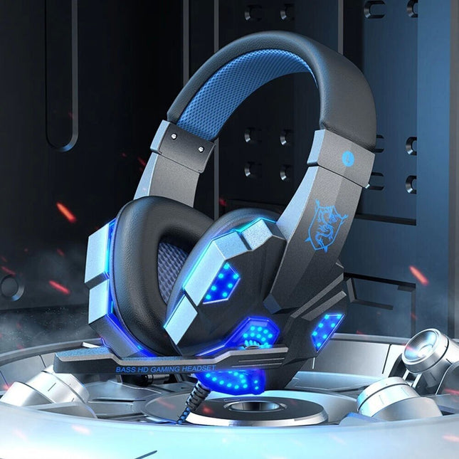 Blue Noise Cancelling USB 3.5mm Wired Gaming Headphones Bass HiFi Over Ear Earphone
