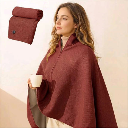 USB Electric Warming Throw Blanket Portable Poncho Shawl -Wine Red