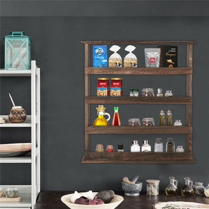 4 Tiers Rustic Wood Spice Rack Organizer Wall Mounted Kitchen Shelves Space Save