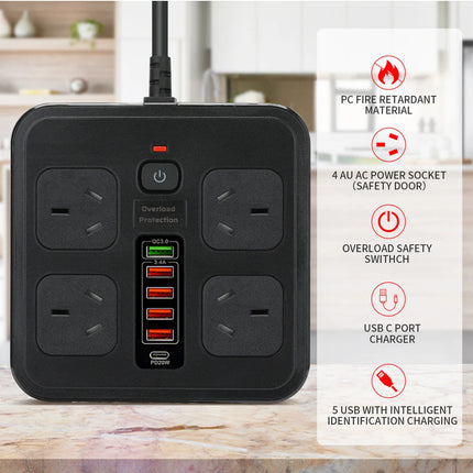 Surge Protector Power Board 4 Outlets USB A C Port Individual Switch Power Strip