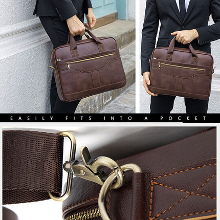 14'' Genuine Leather Briefcase Travel Shoulder Handbags Men Business Laptop Bag Brown