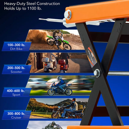 1100 lb Motorcycle Lift Jack Scissor Jack Stand w/ T Handle Wide Deck Orange