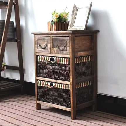 Country-style Cabinet Bed Side Table Vintage Cottage 3 Layers With 2 Baskets