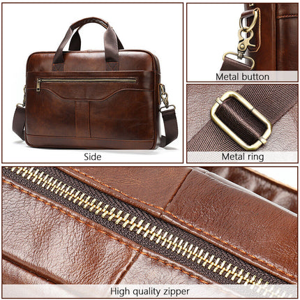 14'' Genuine Leather Briefcase Travel Shoulder Handbags Men Business Laptop Bag Brown