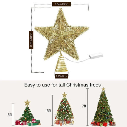 Gold Christmas Tree Topper Star Light Xmas Toppers Decorations Battery Operated