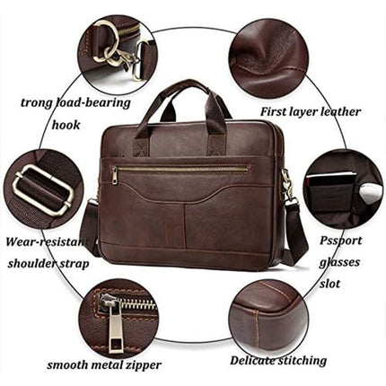 14'' Genuine Leather Briefcase Travel Shoulder Handbags Men Business Laptop Bag Brown