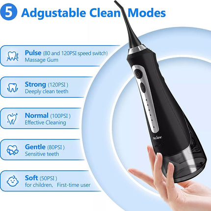 Cordless Water Flosser Dental Oral Irrigator Floss Pick Teeth Cleaner w/Jet Tips Black