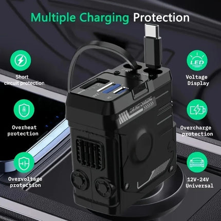 120w 4 IN 1 Retractable Car Fast Charger 2 Cable With USB Type C Port Adapter