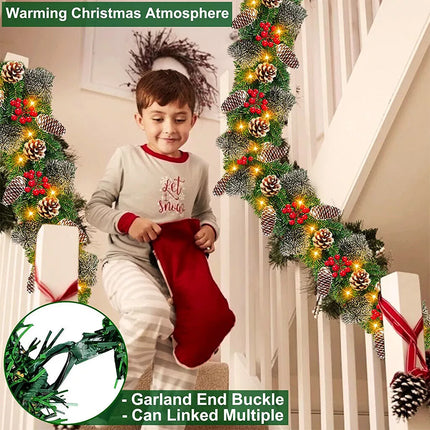 9FT Christmas Garland + LED Lights Pinecones Berry Bushy Wreath Stairs Fireplace
