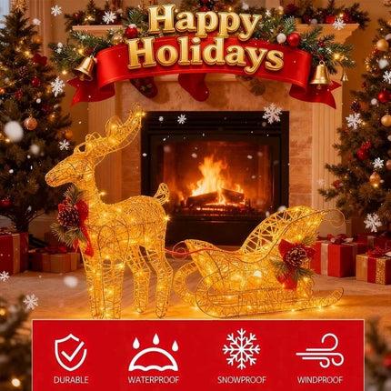 Solar-Powered Set of 2 Christmas Decoration Reindeer and Sleigh LED Yard Xmas