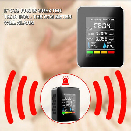 Black Portable CO2 Meter Home TVOC Air Quality Detector Temperature Humidity Monitor