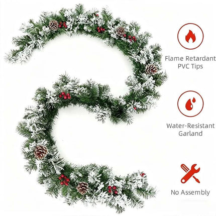 270cm Christmas Garland Artificial Xmas Wreath Tree Decor with Pine and Berries