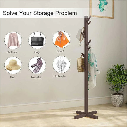 Solid Wooden Coat Rack Stand Tree Clothes Hanger Free Standing Hallway Hat Bag