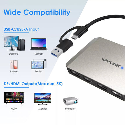 USB 3.0/USB C to DisplayPort/HDMI Adapter DisplayLink Dual 5K@60Hz Monitor Hub
