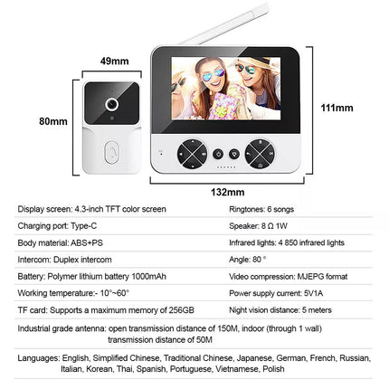 Wireless 4.3" Doorbell-Video Door Bell Smart Intercom Ring Security Phone Camera