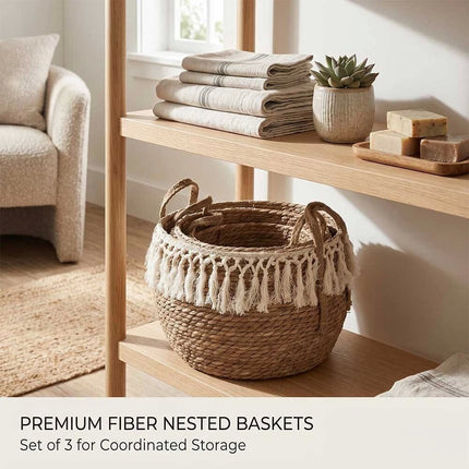 3Pcs Natural Seagrass Planter Pots with Legs Macrame Trim Boho Home Garden Decor