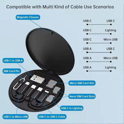 Type USB C Micro-USB Cable Charging Adapter iPhone Cable Kit Storage Box Black