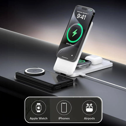 White Foldable Wireless Charger Dock Charging Station For Apple Watch iPhone 16 15