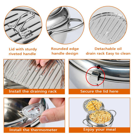 24CM Kitchen Stainless Steel Deep Fryer Frying Pot With Oil Drainer Thermometer & Lid
