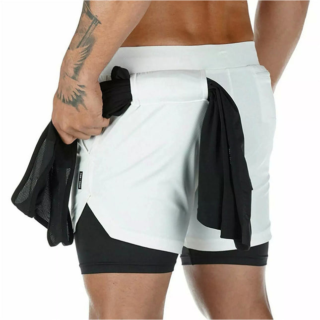 Men Running Shorts 2 in 1 Sports Jogging GYM Fitness Training Quick Dry Breathab White