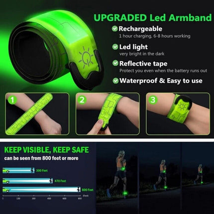 2x LED Armbands Reflective Wrist Band USB Rechargeable for Night Running Cycling